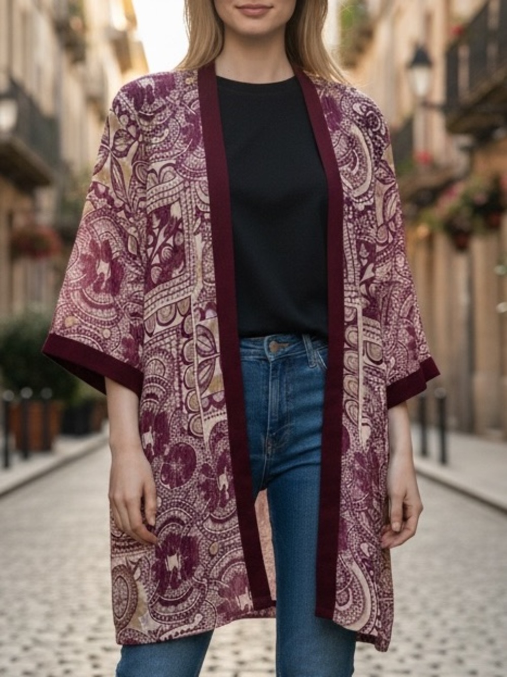 KIMONO/COAT/DUSTER SHEER & SATIN CHIFFON FLORAL TUNIC LENGHT. VINTAGE. SIZE 16.